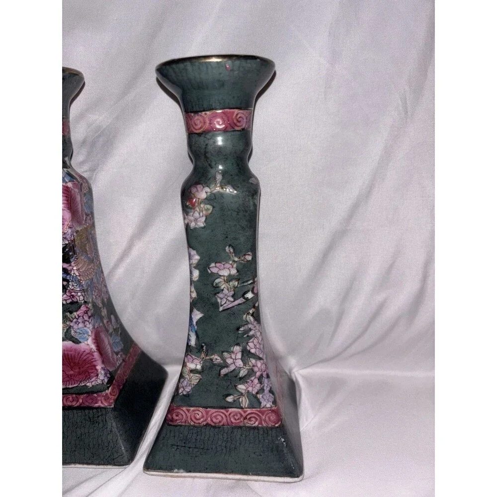 Vintage Famille Rose Porcelain Candlestick Holders 8.5